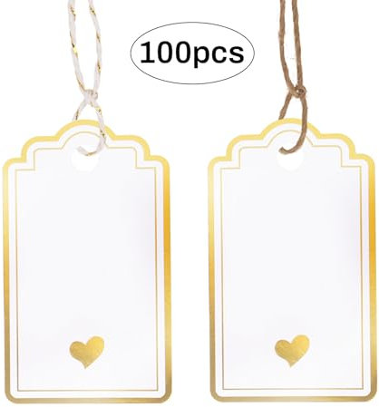 Dmnnlp 100pcs Gift Tags with String, Foil Gold Heart Paper Gift Tags, 5x9cm Personliazed White Blank Labels for Birthday Wedding Baby Shower Valentines Mothers Day Christmas Gifts Decoration