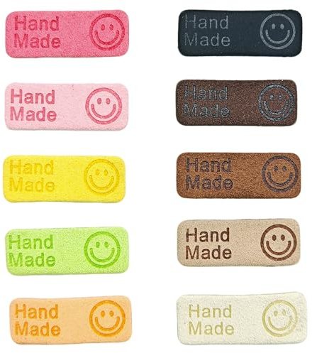 Hayaww 60 pcs Handmade Stoffetiketten Handemade Label zum einnähen Handgefertigte Etiketten Paket Nähzubehör Mit liebe Genäht Annähen Einnäher Web Label Etikett nähen labels Smiley-Gesicht Etikett (C)