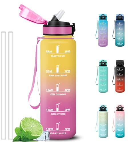 Grsta Gourde 1l, Anti Fuite Gourde Sport avec Marqueur de Temps, Facile à Nettoyer, Gourdes avec Paille, Verrou de Sécurité, Bouteille d'eau Motivationnelle pour Fitness, Bureau, Yoga