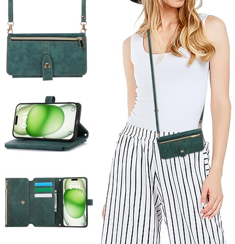 ZCDAYE Wallet Phone Case for iPhone Air with Lanyard Wrist Strap, Premium Leather Protective Phone Cover Useful Women Ladies Holster Flip Zip Cases for iPhone Air (6.5 inches), Green