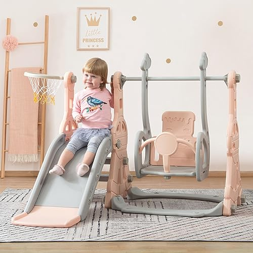 4 in 1 Kinderrutsche, Kinder rutsche mit Basketballkorb, Teleskop und Schaukel, Rutsche Outdoor, Multifunktionale Gartenrutsche, Spielplatz für Kinder (Rosa-A, 4 en 1)