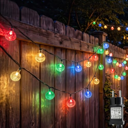 Hopelit Ljusslinga, utomhus, kristallkulor, 10 m, 100 LED-lampa, ljuskedja, inomhus, 8 lägen, vattentät, IP44, ljusslinga, ström med timer för rum, trädgård, balkong, juldekoration – färgglad