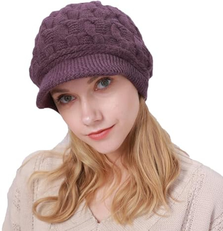 AYPOW Bonnet Hiver pour Femme, Doublé en Polaire avec Bord, Tricoté Chaud Protection des Oreilles Chapeau d'hiver à visière, Béret Chapeaux Thermique, Casquette Hiver Quotidien pour Femme, Beanie Caps