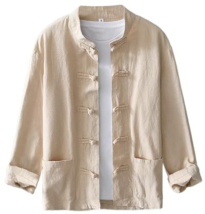 Camicia tradizionale da uomo, a maniche lunghe, con bottoni a rana cinese, tessuto leggero, giacca elegante per occasioni estive e culturali, cachi, L
