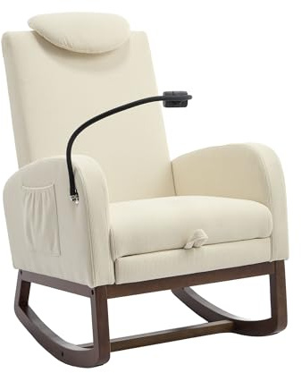 Sillón mecedora con reposapiés extensible y soporte para teléfono móvil, sillón balancín, sillón reclinable con bolsillos laterales, para dormitorio, salón (beige + pana)