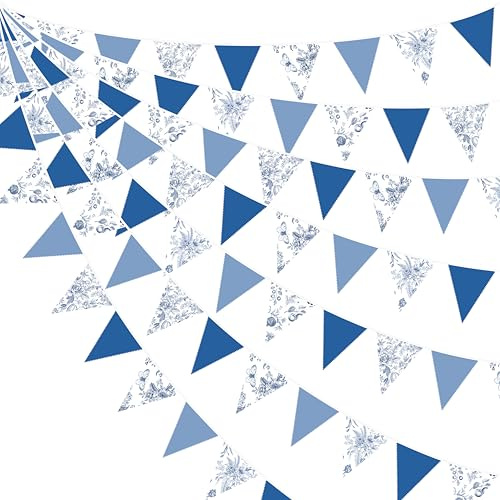 32Ft Blue Floral Bunting Banner Party Decorations Vintage Blue White Flower Fabric Pennant Triangle Flag Garland Streamer for Floral Wedding Porcelain Birthday Baby Bridal Shower Tea Party Decor