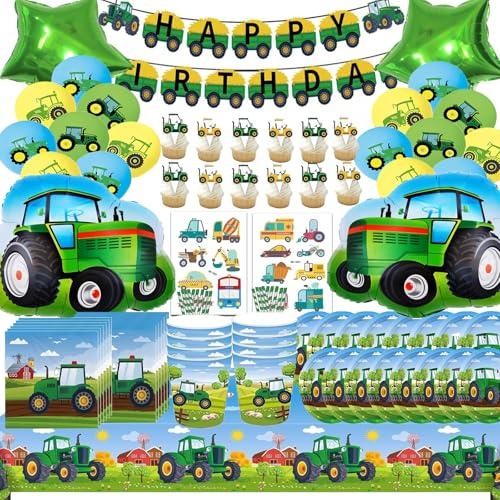 Bemoseng Vaisselle de Fête Tracteur pour 20 Invités, 130 PCS Vaisselle Anniversaire Tracteur, Kit de Tracteur Assiettes Gobelets Nappe, Vaisselle de Fête D'anniversaire de Ferme de Tracteur
