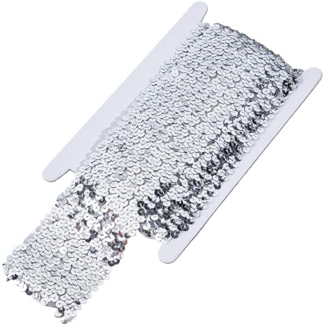 letsinstyle 2.5 Yards Elastisches Paillettenband 2.9 Zoll Flacher Glitzer Paillettenbesatz Silbernes Metallic Stoffspitzenband Zum Nähen von Kleidern Kostümen Verzierungen Stirnbändern