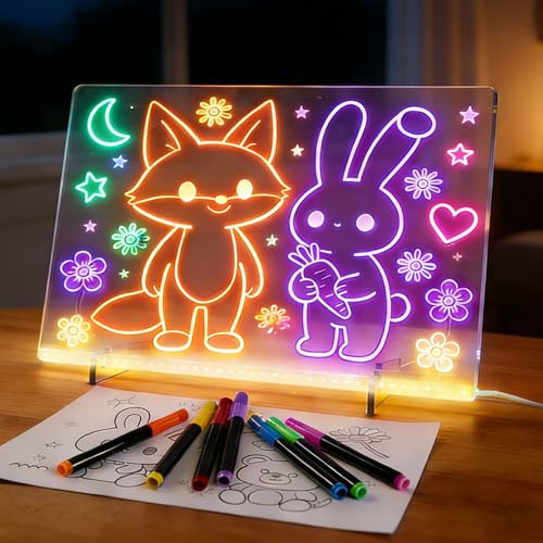 LED Drawing Board for Kids, 1 Pack LED Note Board w/ 7 Light Effects, Acrylic Light Up Glow Memo Message Lumiboards, Neon Art Magic Pad w/ 7 Markers, Birthday Gift for Kids Girls Teens