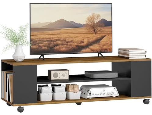 HOMCOM Meuble TV sur roulettes, Table TV Autonome ou sur Pied, pour Le Salon, avec 4 étagères Ouvertes, pour TV 55, Style Moderne, 120x40x38,5 cm, Noyer & Noir