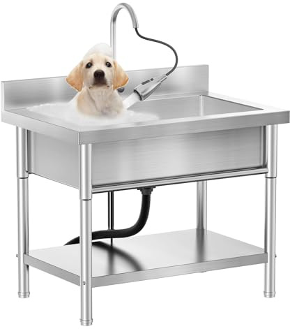 RiveraSink Fregadero Industrial de Acero Inoxidable 100x55x80 cm – Mesa Fregadero con Grifo Extraíble y Estante Inferior, Fregadero Comercial para Restaurante, Garaje, Lavadero y Exterior