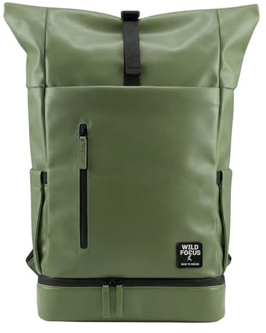 WildFocus Bagpack | Rucksack Damen & Herren | Rolltop Rucksack mit 16 Laptopfach | Backpack ideal für Reisen, City, Uni, Arbeit | wasserabweisend | Vegan Leather (Dublin)