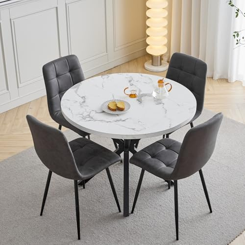 HJhomeheart Esstisch- und Stuhlset, 4 Technisches Leder mit Hoher Rückenlehne und EIN 100 cm Langer Moderner Esstisch, Geeignet für Küchen, Esszimmer und Wohnzimmer-Schwarze Tischbeine + Dunkelgrau
