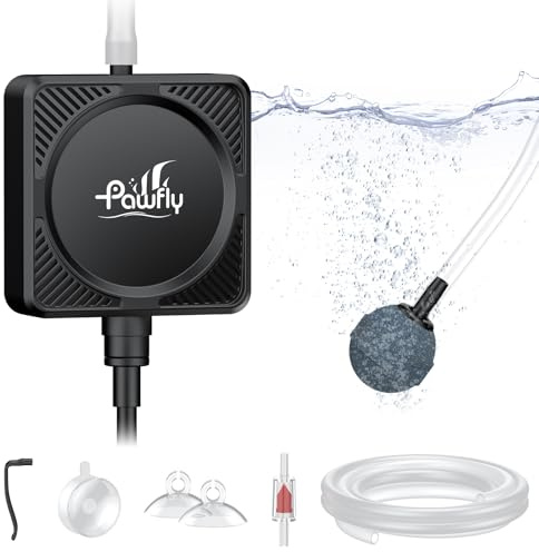 Pawfly Mini Aquarium Air Pump, Ultra Quiet Oxygen Aerator Kit for 60 L Fish Tanks with Air Tubing, Air Stone, Check Valve & Suction Cups