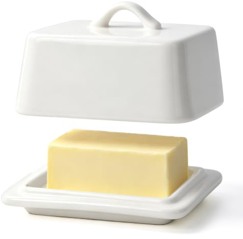 HONZUEN Butter Dish with Lid, 250g Ceramic Butter Keeper, White | Holds 250g butter blocks | Compact design with handle | Keeps butter fresh | Counter & fridge storage | Dishwasher safe