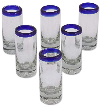 NOVICA Blown Glass Tequila Shot Glasses | Handblown Recycled Eco-Friendly | Blue Clear | Tableware Drinkware | Mexico | Set of 6 Cobalt Classics