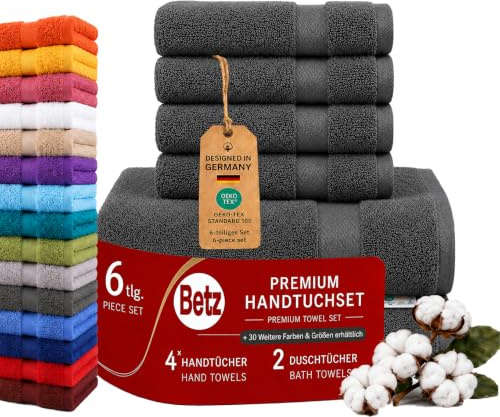 Betz 6er Handtuch Set Premium – 4 Handtücher 50x100 cm – 2 Duschtücher 70x140 cm - 100% Baumwolle – Frottee Handtücher für Bad, Gäste & Alltag – pflegeleicht & langlebig - Farbe anthrazit
