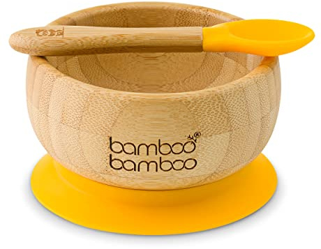 Bamboo Baby Schüssel und Löffel - Schalen zum Abstillen, Teller ab 6 Monaten (Gelb)