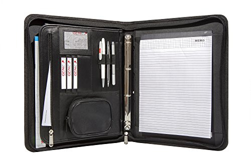 Genie A4 Schreibmappe mit herausnehmbarem Ringbuch (Frankfurt; rundum ReiÃŸverschluss; inkl. Schreibblock; in Lederoptik und strukturiertem Nylon) schwarz