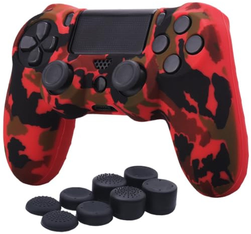 YoRHa Water Transfer Printing Camouflage Silicone Cover Skin Case for Sony PS4/slim/Pro Dualshock 4 Controller x 1(Red) With Pro thumb grips x 8