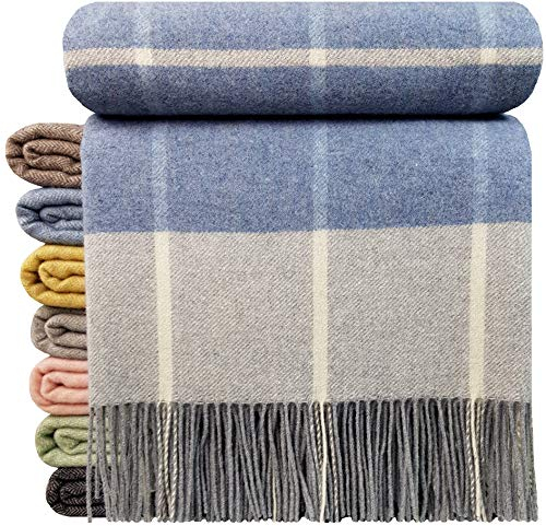 Coperta in cashmere, 100% lana, 140 x 200 cm, coperta a quadri, molto morbida, plaid “Faro”, Lana, Blu chiaro-grigio (Karo)
