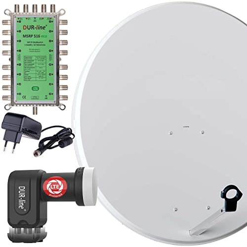 DUR-line MDA 80 Hellgrau - Digitale 8 Teilnehmer Satellitenschüssel Komplett-Anlage mit premium Multischalter und LNB [Camping, Astra 19,2°, DVB-S/S2, Full HD, 4K, 3D]