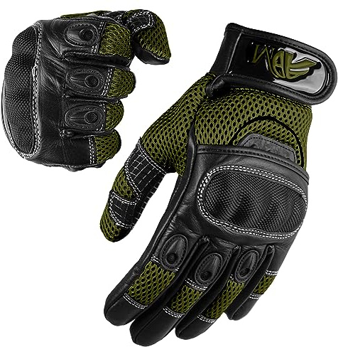 Prime läder damer fullfinger sommarsäsong cykling pekskärm läderhandske för motorcykel motocross motorcykel ridning knogskydd andningsbara racinghandskar 9001 dam färgalternativ modell L 9001 Commando Green LDY