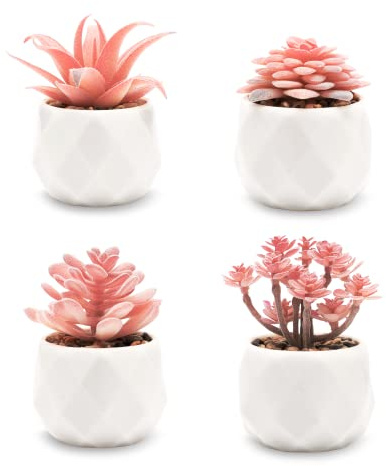 VIVERIE Mini Faux Succulents Plants Artificial in Pots-Rose Pink Desk Accessories, Small Fake Succulents Plants for Home Decor Indoor for Women, White Ceramic, Set of 4