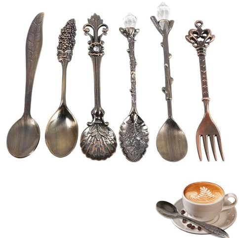 Kit de Couverts Vintage, Lot de 6 Cuillères à Espresso Rétro Cuillère à Dessert Café Cuillère à Thé Cuillère Glace Cuillère pour Dessert Au Café Cappuccino Sucre et Crème Glacée(Laiton Antique)