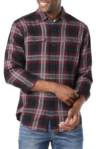 Amazon Essentials Men's Långärmad flanellskjorta med två fickor smal passform, Svart Vinröd Rutig, L