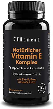 Natürlicher Vitamin E Komplex, Tocopherole & Tocotrienole, 120 Weichkapseln | mit Bio-Natives Olivenöl Extra | Antioxidans | 100% natürliche Zutaten, Frei von Soja | Zenement