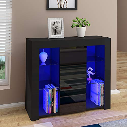 Cabinet Cupboard Sideboard TV Unit Matt Body and High Gloss Doors + LED Light Display Cabinet Storage Unit for Living Room Bedroom (Black)