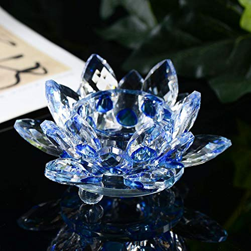ShreeFit Tealight Candle Holders Crystal Lotus Flower Ornament Glass Tea Light Candle Holder Collectible Feng Shui Decor Decoration for Christmas Home Wedding Party (Blue)