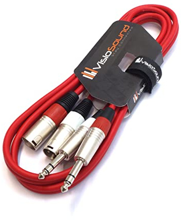2x Male XLR to 6.35mm 1/4 Stereo TRS Jack Cable Twin Lead (Red, 1.5m) | Noiseless OFC Balanced Signal, Audio, Patch Cable / 5 Colours