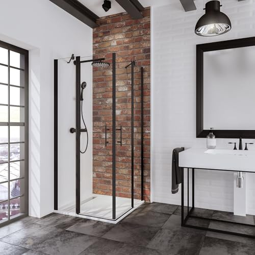Schulte Duschkabine Alexa Style 2.0 Eckeinstieg 4-teilig, 80 x 80 cm, 192 cm, 5 mm Sicherheitsglas klar hell fixil beschichtet, schwarz,