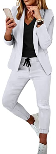 shownicer Tailleur Femme 2 Pièces Elegant Slim Fit Blazer Veste Formel Bureau Travail Pantalon Costumes Revers Manteau Ensemble A Blanc S