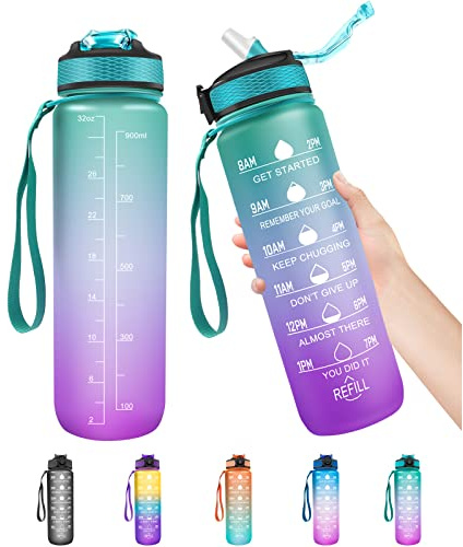 Bupoly 1 Litre Water Bottle with Straw, Time Markings Motivational Sport Water Bottles, Bpa Free Tritan Drinks Bottle for Girls, Boy, Fitness, Outdoor, Cycling, Gym, School & Office (Green Purple)