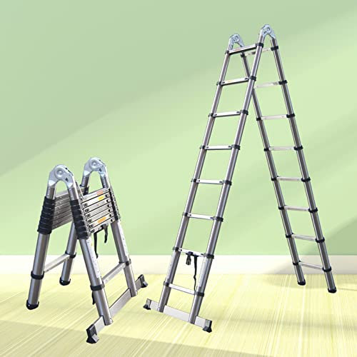 Newest 16.5FT Telescopic Extendable Stainless Steel A-Frame Foldable Ladder - 330lb Capacity, EN131 Safe Standard