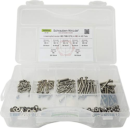 Sortiment ISO 7380 Linsenkopfschrauben Torx M3 Edelstahl V2A 400 Teile mit Muttern, Unterlegscheiben