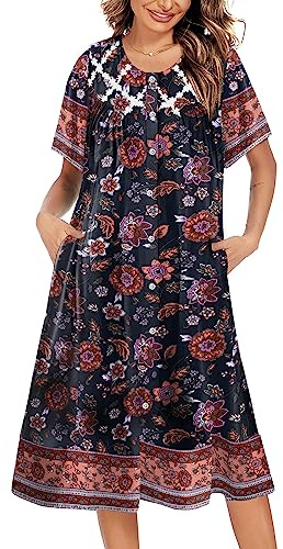 Ekouaer House Dress for Women Button Down Nightgown Short Sleeve Housecoat with pockets S-4XL,Black Flower,M
