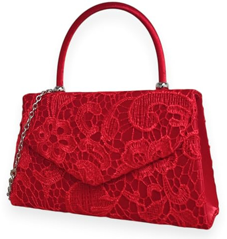 fi9® BNWT Retro-Tragetasche mit Spitze, Blumenmuster, Brautschmuck, Hochzeit, Abendtasche, Party, Geldbörse, Clutch, Schulter-Handtasche, weiß, medium (Rot)
