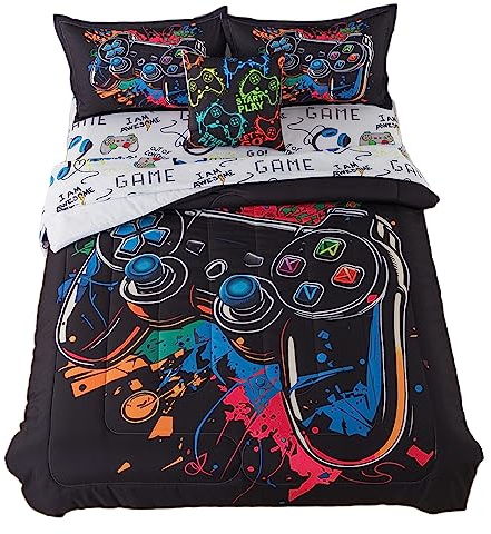 qjmiaofang Gaming Bedding Set Twin 6 Pieces Game Comforter Sets for Kids Boys Video Game Bed in A Bag with Controller Sheets All Season Gamepad Printed Children Gaming Bed Set with Pillowcase Decor