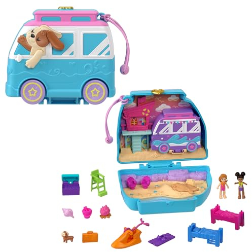Polly Pocket Urlaub am Hundestrand Schatulle - Roadtrip-Abenteuer mit 2 Puppen, 12 Accessoires ultimativer Campingplatz am Meer, Lagerfeuer und Rettungsschwimmerturm, für Kinder ab 4 Jahren, HRD36