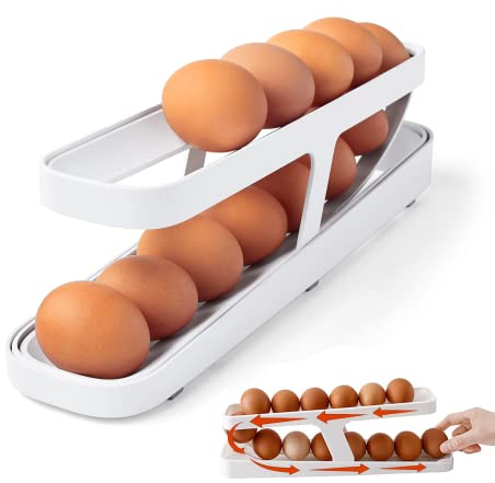 FONBAY Eierhalter für Kühlschrank, Eierspender, automatisch rollender Eierbehälter, 2-stöckiger Eierspender,platzsparende Eierablage für Kühlschrank, Eierhalter (Whtie)