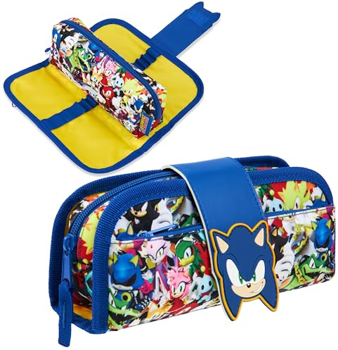 SONIC THE HEDGEHOG Federmäppchen Jungen, Shadow Etui Schule 2 in 1 Federtasche mit Reißverschlüssen, Stifte Mäppchen Rund, Schule Zubehör