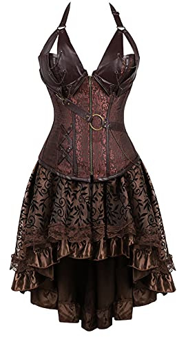 Steampunk Damen Corsagenkleid, Gothic Korsett Damen Bauchweg,Corsage Damen Kleid Piraten Bustier Spitzen Rock und Oberteil für Halloween Kostüm Karneval Mittelalter Palast Cosplay Punk Kleidung