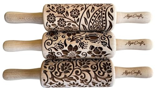 FLORET 3-er SET kinmini Nudelhölzer. Teigrolle mit Lotus, Kaschmir, Paisley blühende, Rebe und Lilie Blumen Muster. Nudelholz mit muster von Algis Crafts