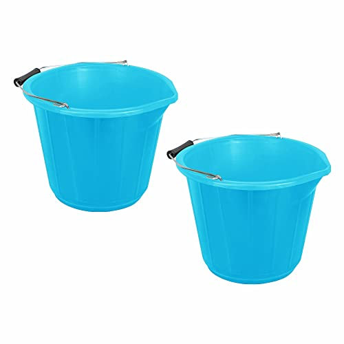 [Set Of 2] - 3 Gallon 14Litre Plastic Builders Bucket with Measuring Guide Strong Metal Handle Water Storage Mixing Animal Feeding Bucket For Home, Garden - (Blue)