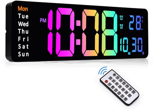 Sukeen Digital Wall Clock, 13 Digital Clock Digital Alarm Clock with Remote Control/Count Up & Down/10-Level Dimming/Dual Alarm/Date/Temperature for Home, Gym, Office, Garage-Colorful