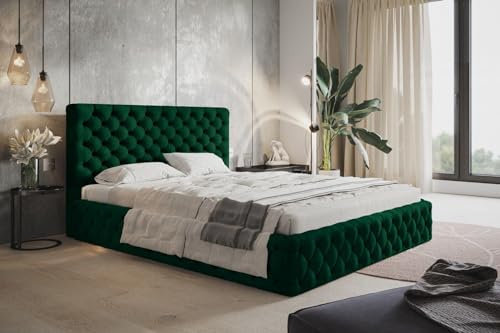 Emporius Doppelbett 140x200 Furis - Polsterbett mit Samtstoff, Schlafzimmerbett 140x200 - Bettkasten, Lattenrost, Design Bett (Grün - Kronos 19)